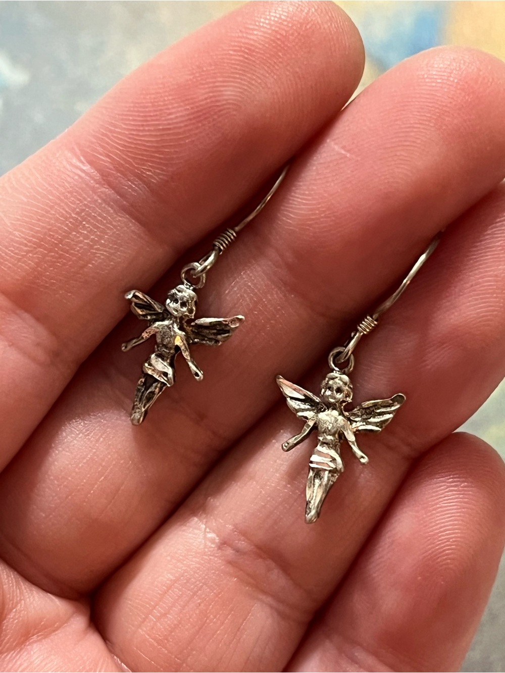 Vintage Sterling Silver 925 Cherub Angel Diamond Etched Dangle Earrings